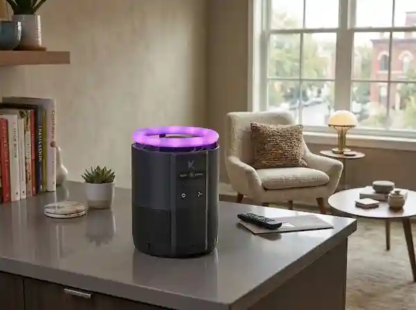 Katchy indoor insect trap glowing with UV light in a modern kitchen